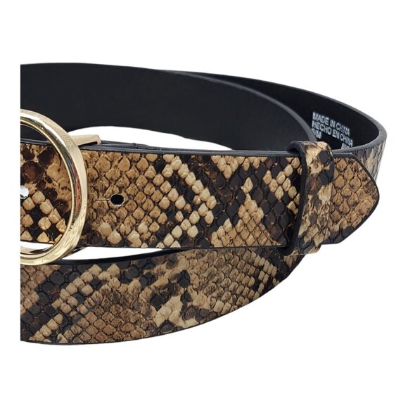 Snake Skin Print Gold Double Ring Buckle Faux Leather Belt 42" Long x 1 1/8" - Picture 3 of 13